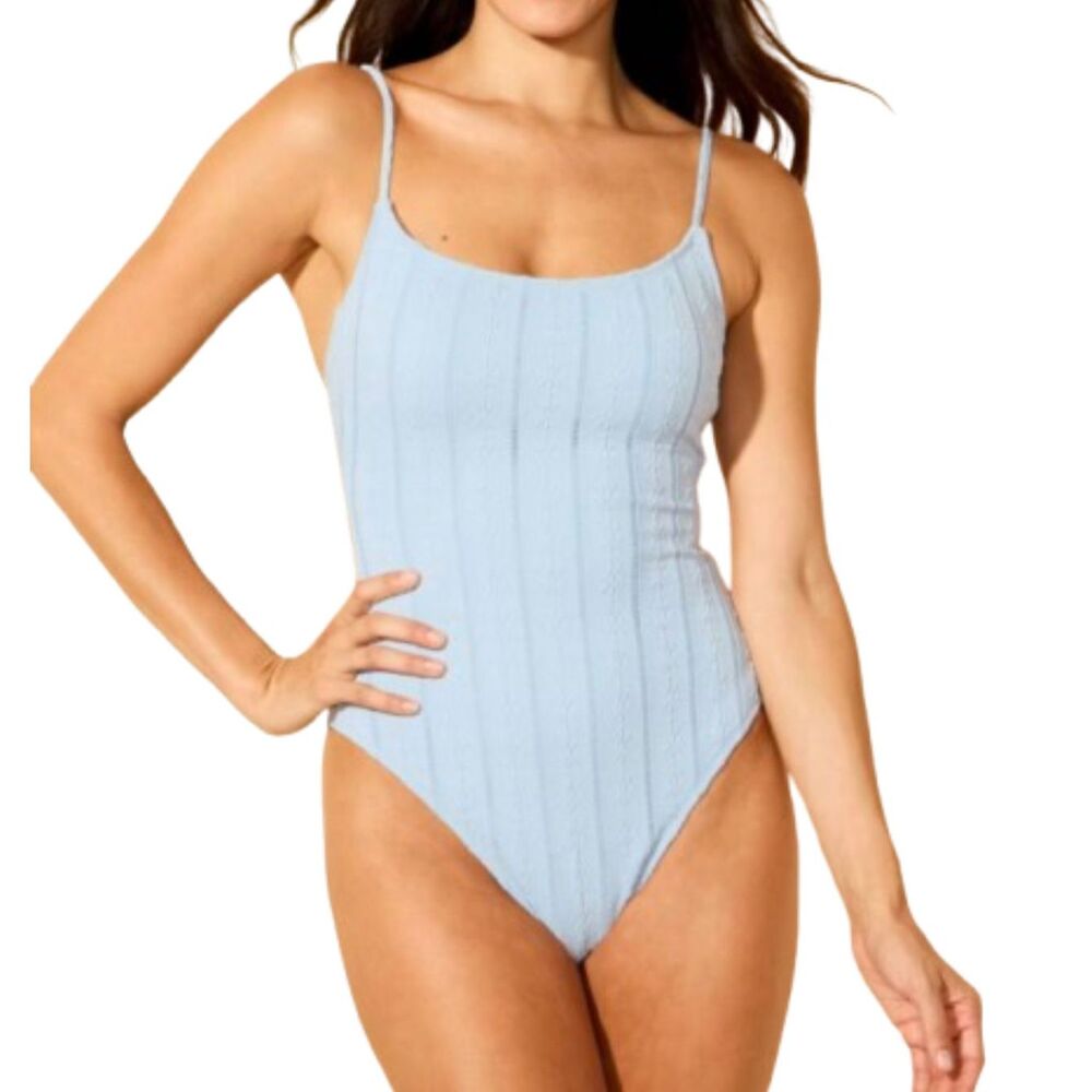 Shade & Shore Blue Eyelet Scoop Neck Cheeky Coverage One Piece Swimsuit Size L